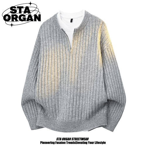 慵懒风半拉链针织衫男圆领毛衣