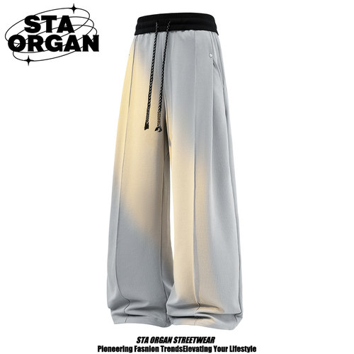 潮牌复古拼接撞色直筒休闲裤男