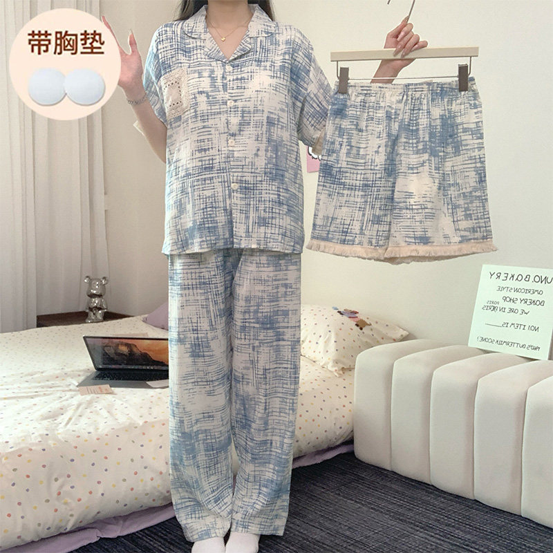 2025夏季新款开衫短袖短裤长裤三件套 睡衣女 带胸垫不可拆卸,女士内衣/男士内衣/家居服,睡衣/家居服套装,淘宝优惠券,粉丝福利购,淘宝优惠卷