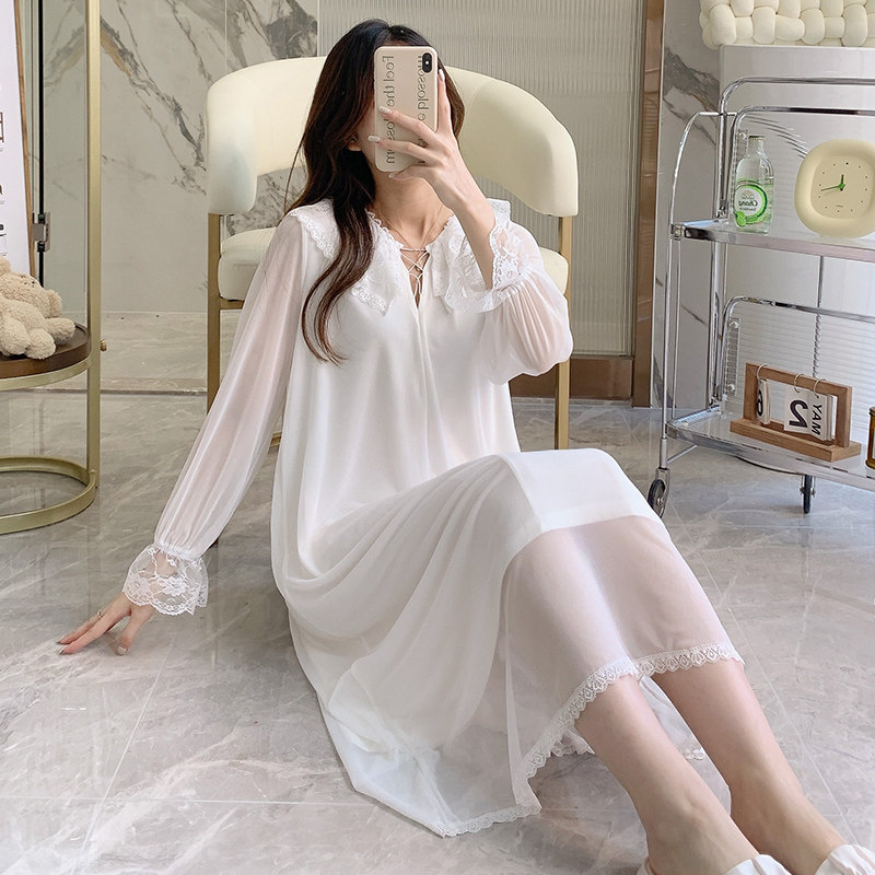 2025秋季新款网纱V领宫廷风长袖睡裙  睡衣女,女士内衣/男士内衣/家居服,睡裙,淘宝优惠券,粉丝福利购,淘宝优惠卷