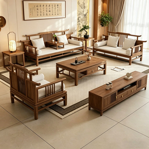 新中式北美黑胡桃全实木软包沙发