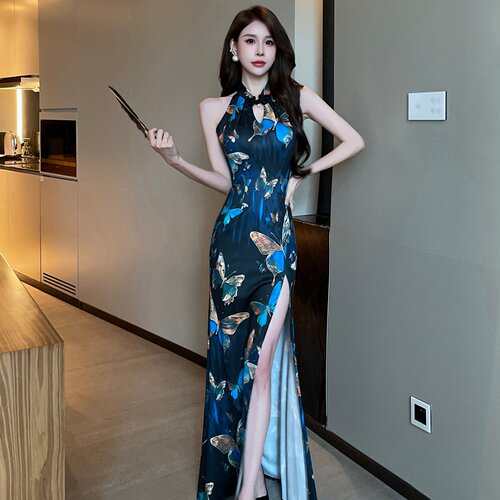 新中式改良旗袍鱼尾开叉连衣裙削肩性感晚礼服直播走秀主持人长裙