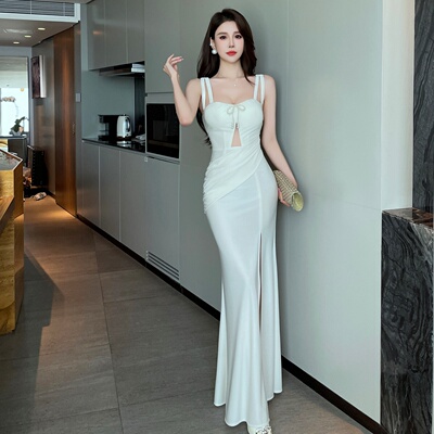 纯欲性感吊带晚礼服连衣裙长收腰修身包臀鱼尾裙主持模特走秀名媛
