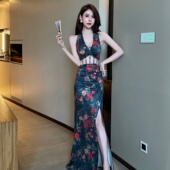 中式 印花性感挂脖晚礼服高级感名媛宴会主持气质长裙夜总店连衣裙