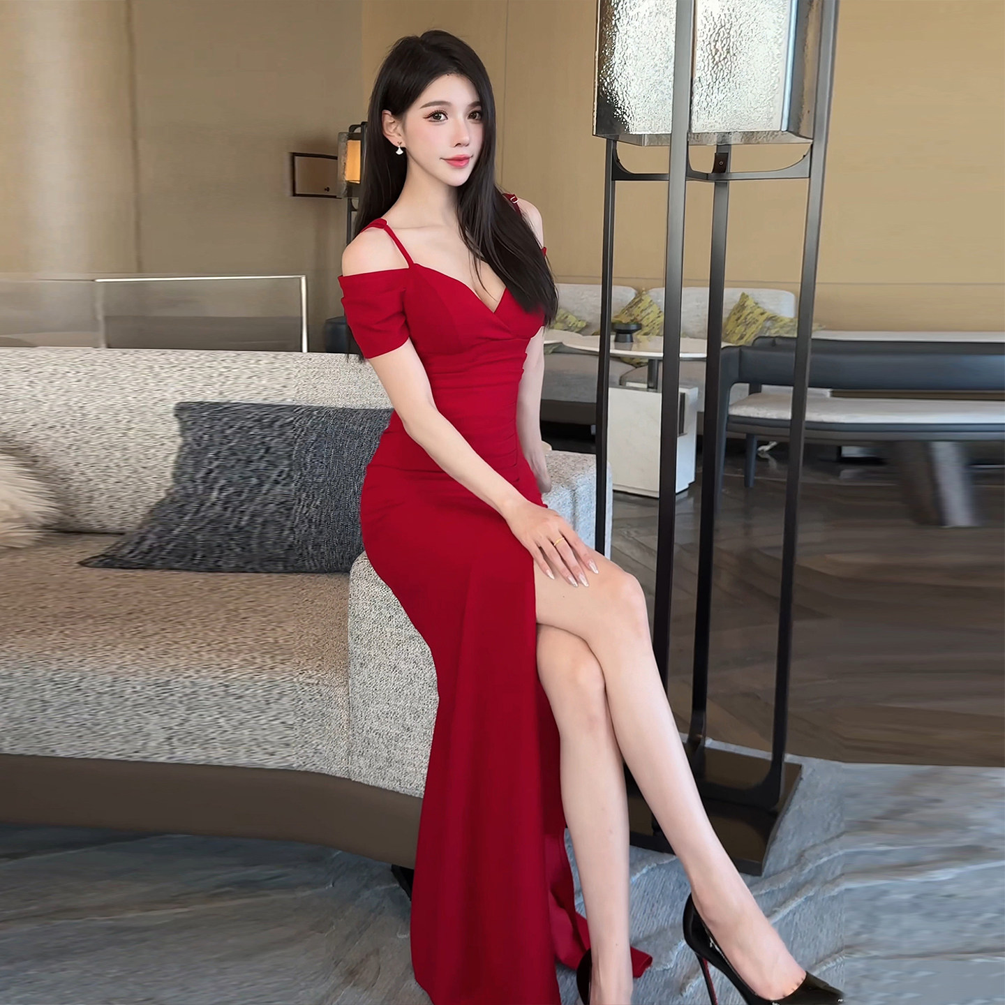 红性感晚礼服短袖高级感气质鱼尾主持人车模吊带开叉低胸显瘦长裙,女装/女士精品,礼服/晚装,淘宝优惠券,粉丝福利购,淘宝优惠卷
