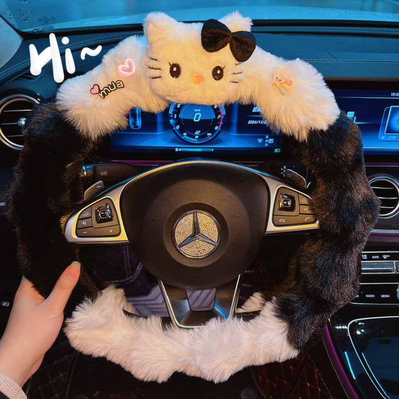 冬季猫咪毛绒加热方向盘套女款