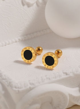 钛钢不掉色螺丝罗马数字耳钉高级感轻奢气质高保色耳骨钉黑色百搭