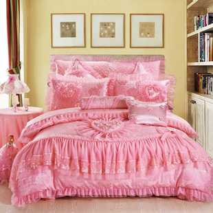 新款 婚庆蕾丝贡缎大红粉色六八多件套结婚加厚四件套1.8m2.0床裙