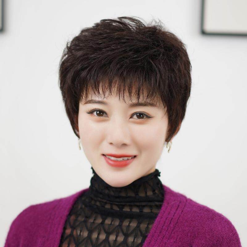 时尚烫卷短发假发真发全真人发蓬松短卷发妈妈光头全头套透气逼真