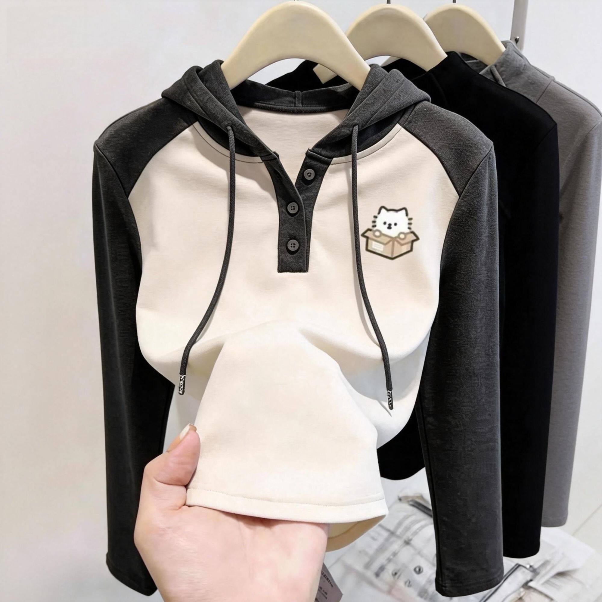 女童春秋季新款卫衣撞色连帽长袖女宽松减龄纽扣拼色休闲上衣韩版图片