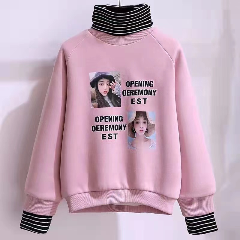 女童卫衣冬季加绒加厚中大童新款保暖上衣假两件高领时尚洋气潮流