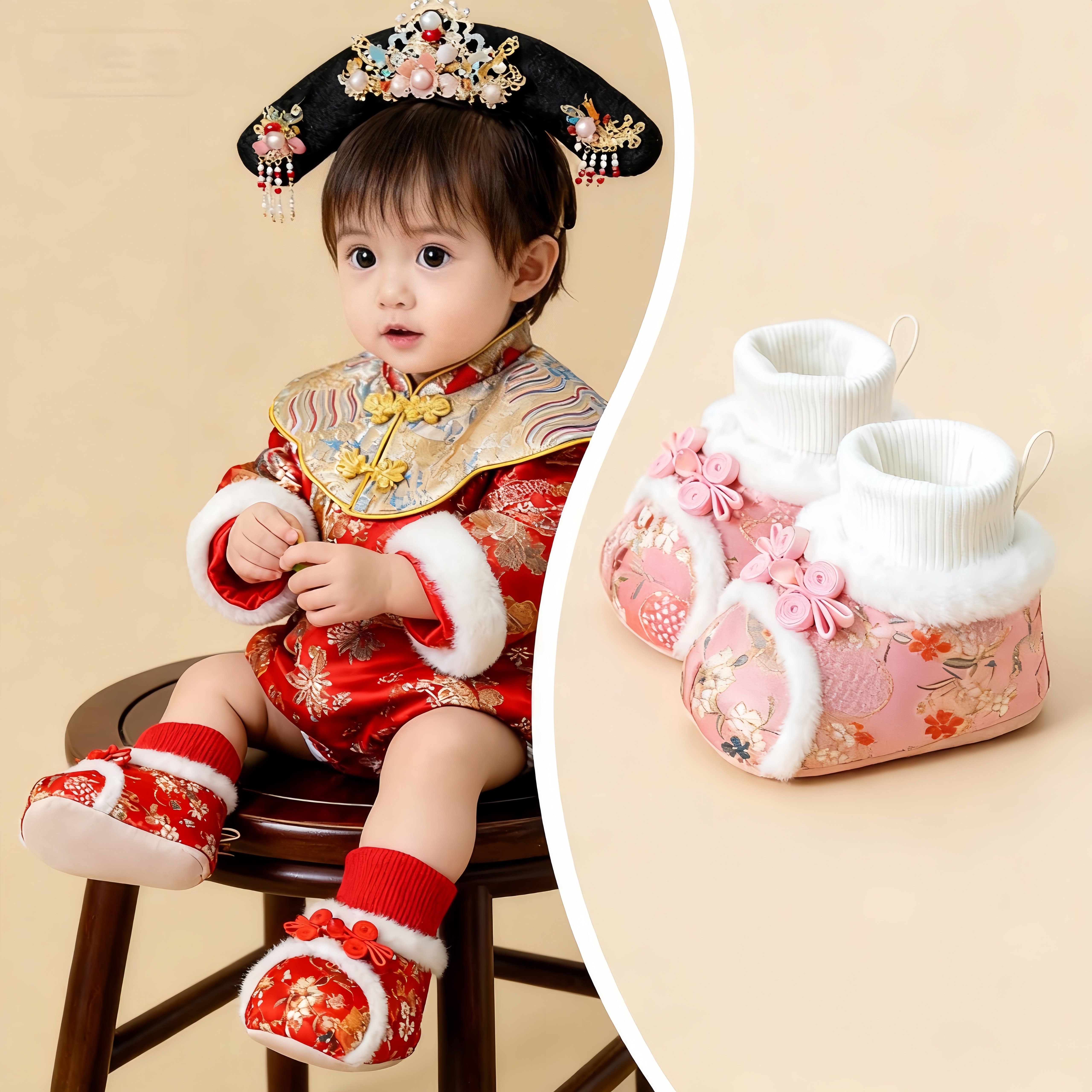 秋冬季一岁女宝宝鞋子6到12个月婴幼儿百天周岁过年红色加绒棉鞋,童鞋/婴儿鞋/亲子鞋,婴儿步前鞋/袜鞋,淘宝优惠券,粉丝福利购,淘宝优惠卷