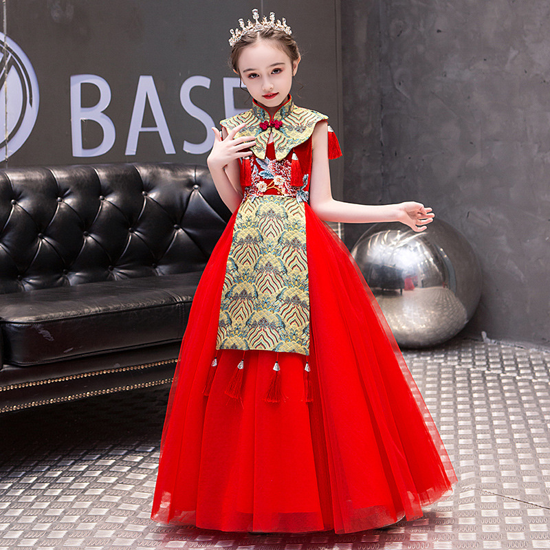 儿童礼服新款优雅女童古筝红色国潮中国风模特走秀演出服晚礼服