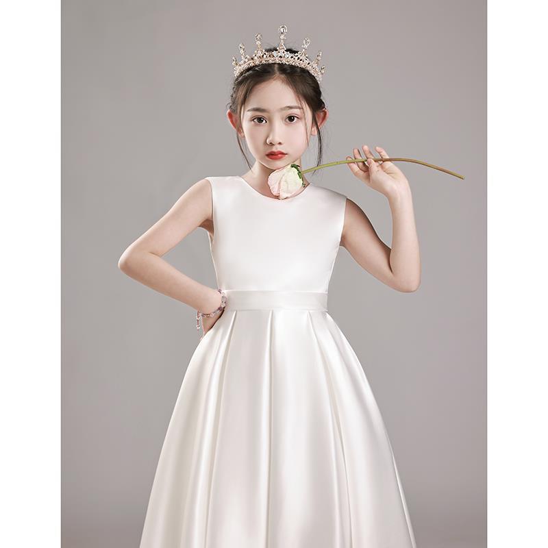 白色高端儿童礼服女童公主裙生日合唱朗诵钢琴演奏演出服缎面