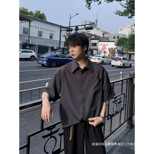 开衫 灰色正肩短袖 轻熟风韩系穿搭翻领冰丝衬衣美式 衬衫 男夏季