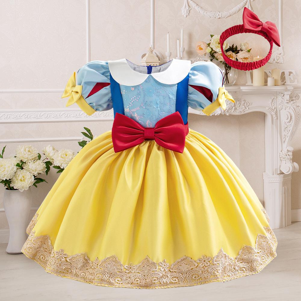 亚马逊童礼服新款cosplay白雪公主裙 拼色泡泡袖蝴蝶结蓬蓬公主