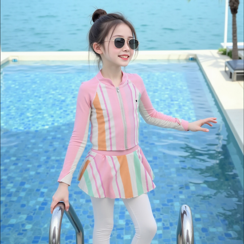 2025夏季新款儿童泳衣长袖女孩分体游泳裤防晒中小童三件套装