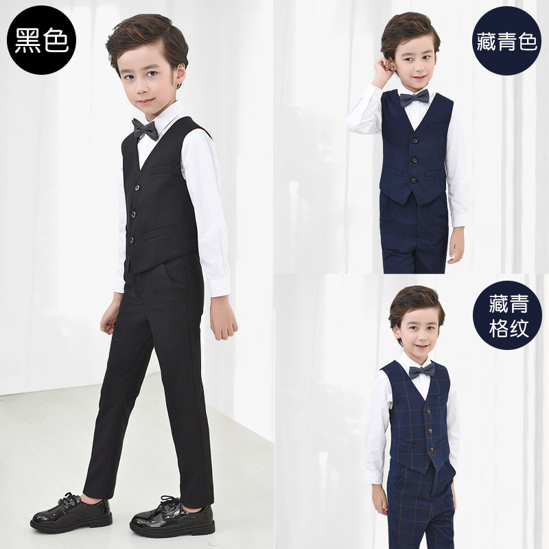 儿童礼服男童黑色西装马甲男套装花童小学生钢琴演出服大童表演
