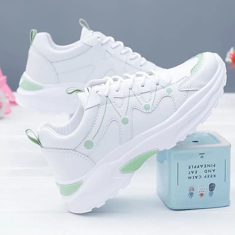 运动鞋女2022春季女鞋新款潮鞋休闲跑步鞋韩版皮面小白鞋女老爹鞋