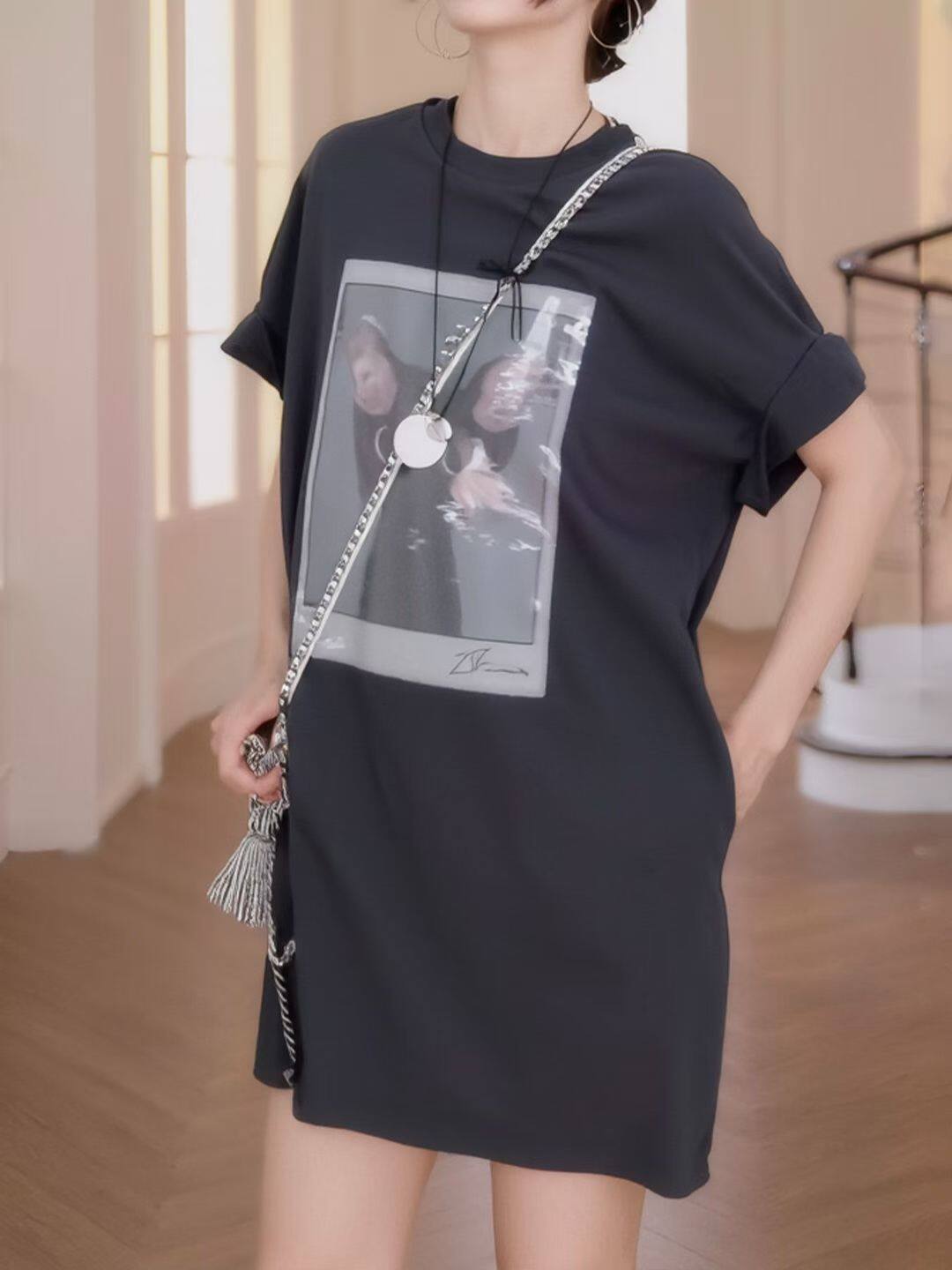 梵音家2026夏季新猫咪宽松显瘦圆领短袖T恤连衣裙女休闲通勤裙子