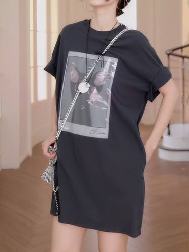 梵音家2026夏季新猫咪宽松显瘦圆领短袖T恤连衣裙女休闲通勤裙子
