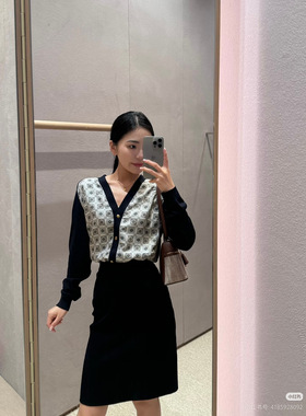 梵音家！拼接真丝小碎花羊毛V领针织开衫女   KS89200~ZY