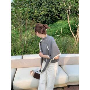 半高领宽松上衣 新款 桑蚕丝羊毛混纺针织短袖 可拆卸披肩2025秋季