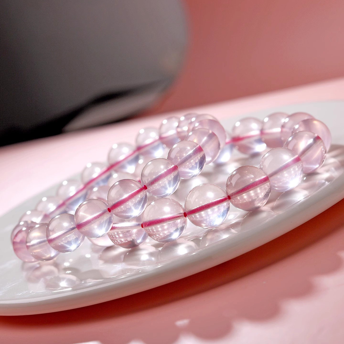 7a天然莫桑比克粉水晶散珠手链女六芒星光粉晶招桃花水晶手串散珠