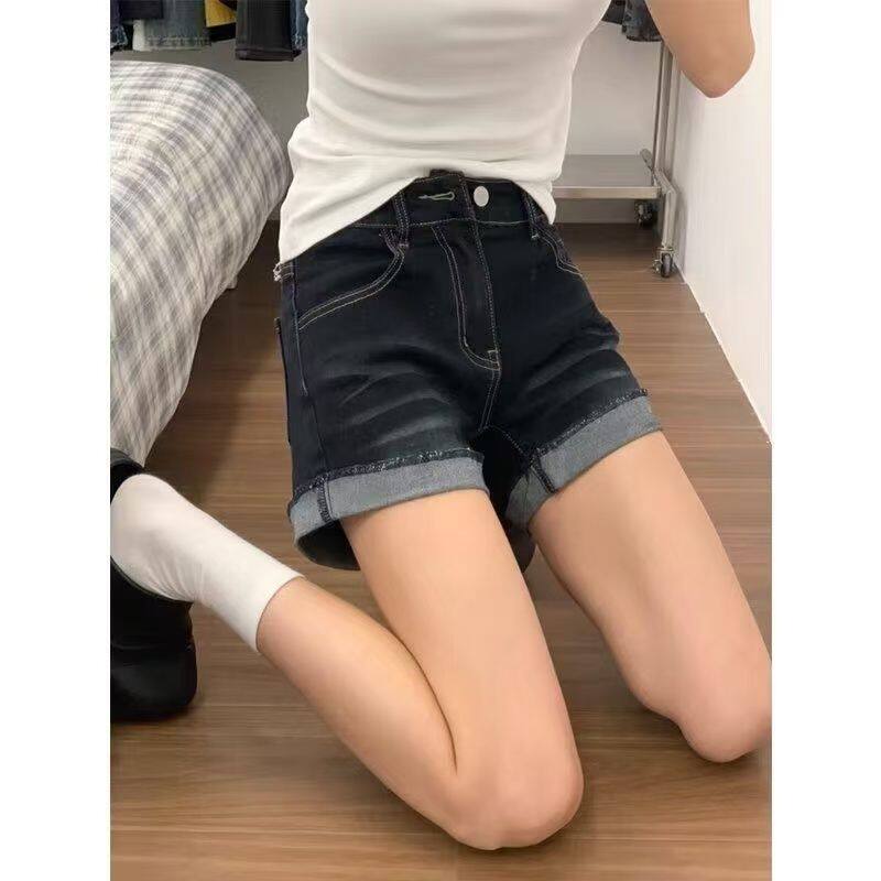 美式辣妹高腰性感超短裤热裤牛仔裤女夏季深蓝色设计感卷边短裤子