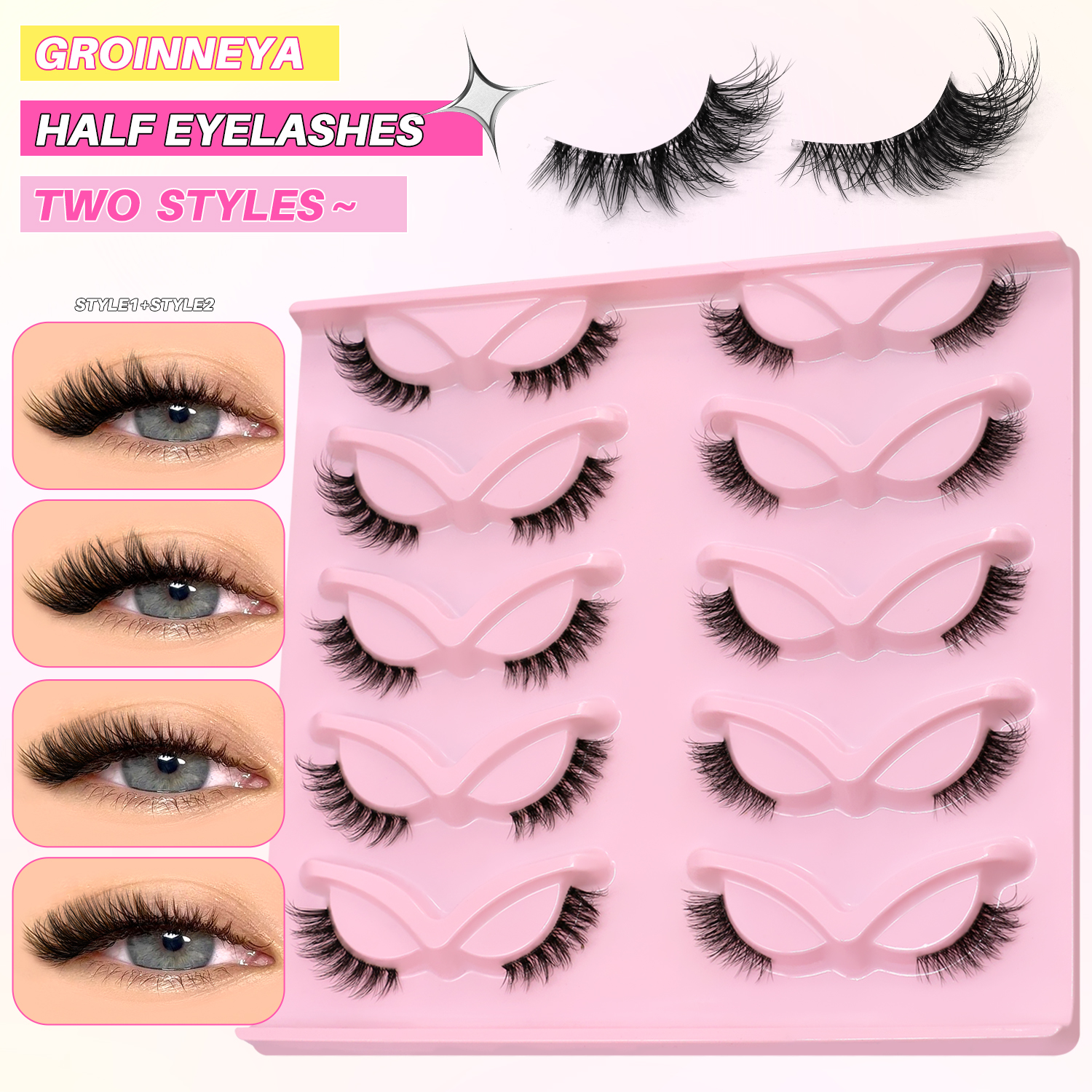 GROINNEYA亚裔轻欧风双排大数量透明梗无痕整条半眼假睫毛