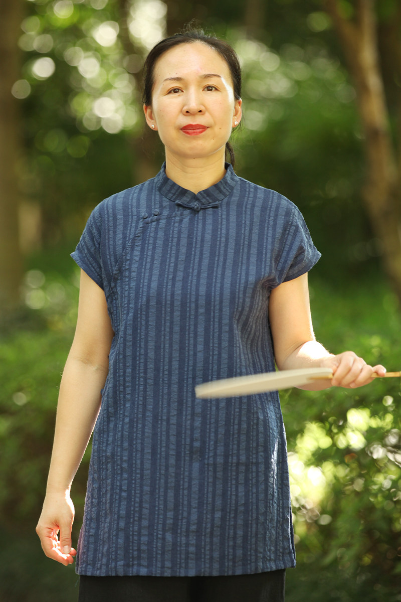 蓝树▲山北记夏季女款新中式女装文艺复古经典条纹修身旗袍上衣