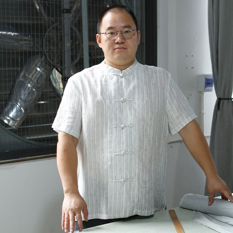 自留▲山北记夏季男款新中式条纹棉麻唐装 短袖立领盘扣衬衫