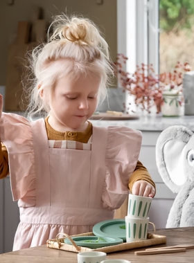 丹麦Sebra儿童粉色纯棉厨房围裙组(围裙+厨师帽)