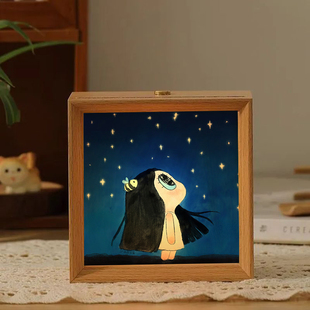治愈系发光如星卡通动漫小夜灯相框木质立体摆台创意装饰画框桌面