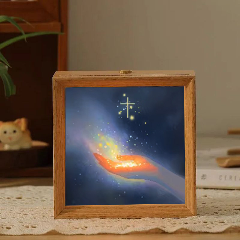十字架木质星空治愈小夜灯相框图片