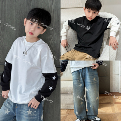 春夏新款童装gvc五角星儿童假两件长袖T男女童复古星星印花牛仔裤