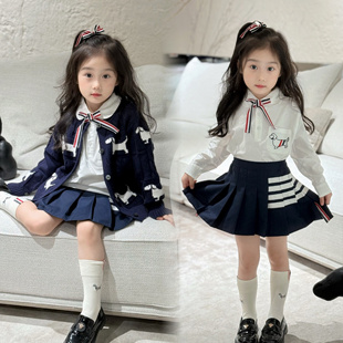 早春新款女童TB学院风小狗提花针织开衫毛衣蝴蝶结小狗衬衣百褶裙