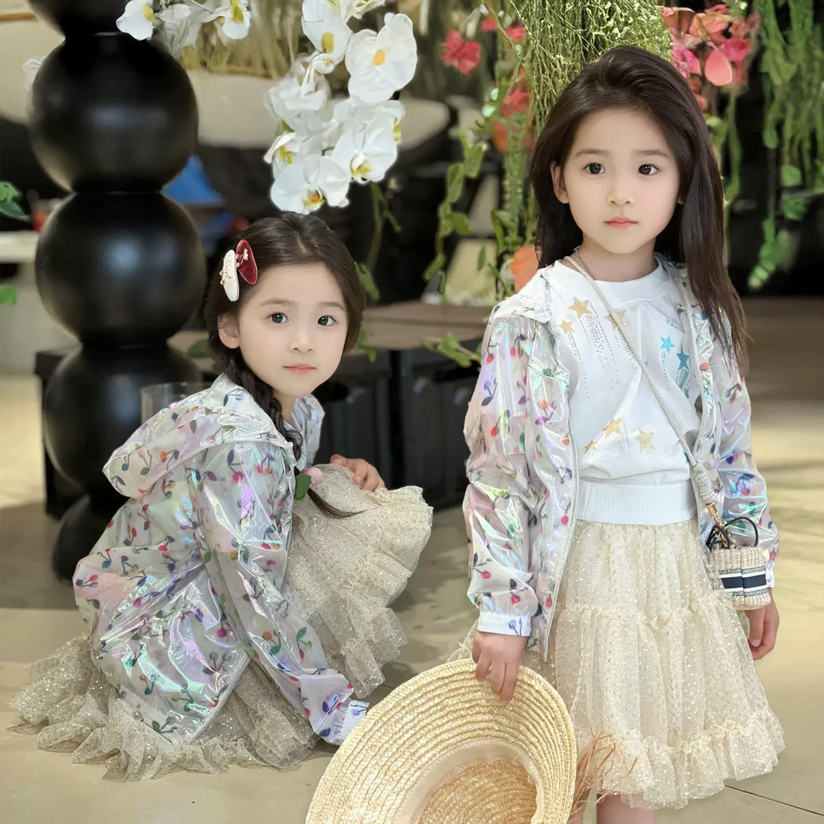 25夏季新款潮牌童装满印樱桃防晒CD星星短袖T恤金丝网纱半裙女童