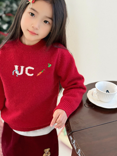 26新年款红色童装马年红色字母刺绣棉羊绒儿童毛衣针织衫男女童