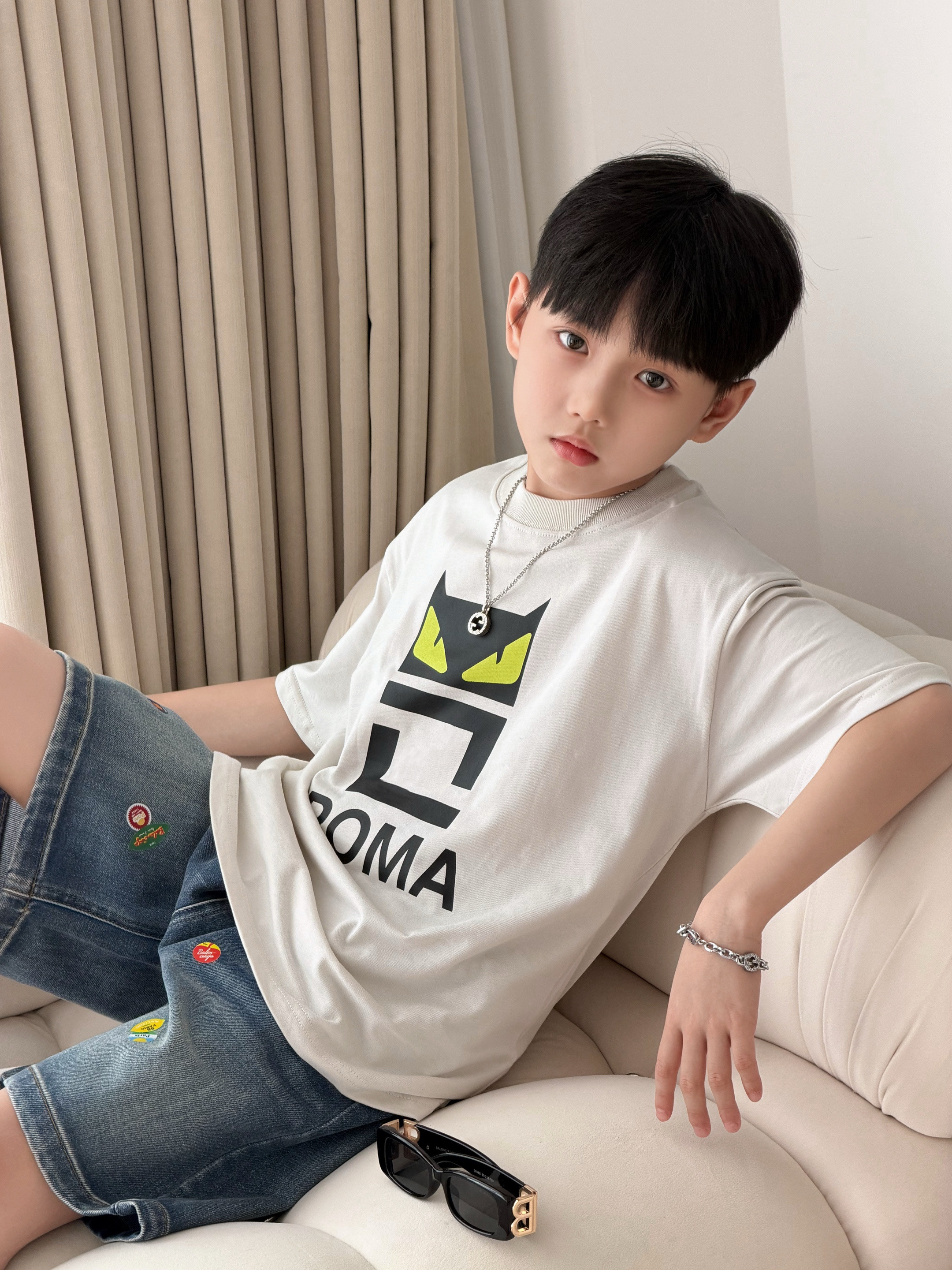 Fjia小怪兽字母男童短袖T恤夏季儿童纯棉休闲圆领T恤字母印花童装