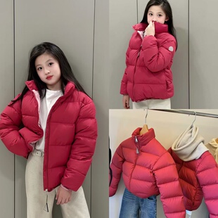 25冬新款儿童鹅绒服字母徽章织带短款立领加厚保暖羽绒女童面包服