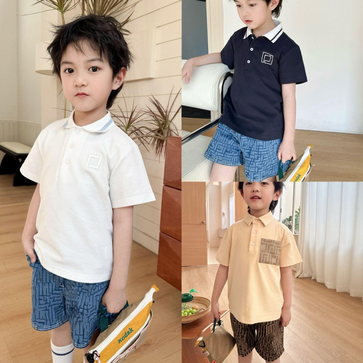 Fjia新款26夏季潮牌童装男童polo衫老花字母满印牛仔短裤套装短袖
