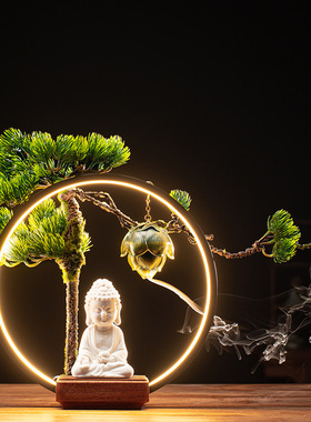 新中式禅意铁艺风化实木底座玄关装饰书房摆件客厅灯饰提升格调