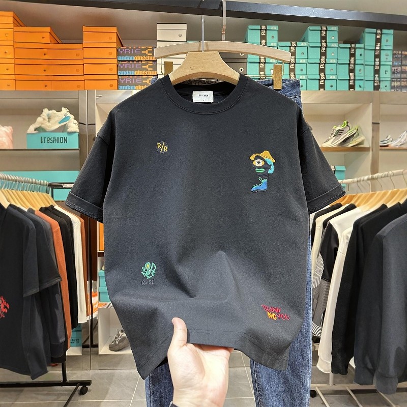 创意刺绣花男款t恤圆领短袖2026夏季新款简约百搭高端宽松上衣服