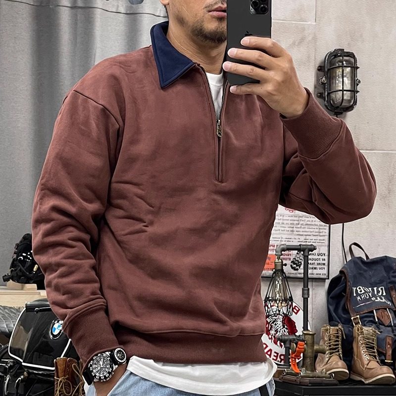加绒加厚美式复古工装翻领卫衣秋冬季机车风外套男潮纯色工装衣服