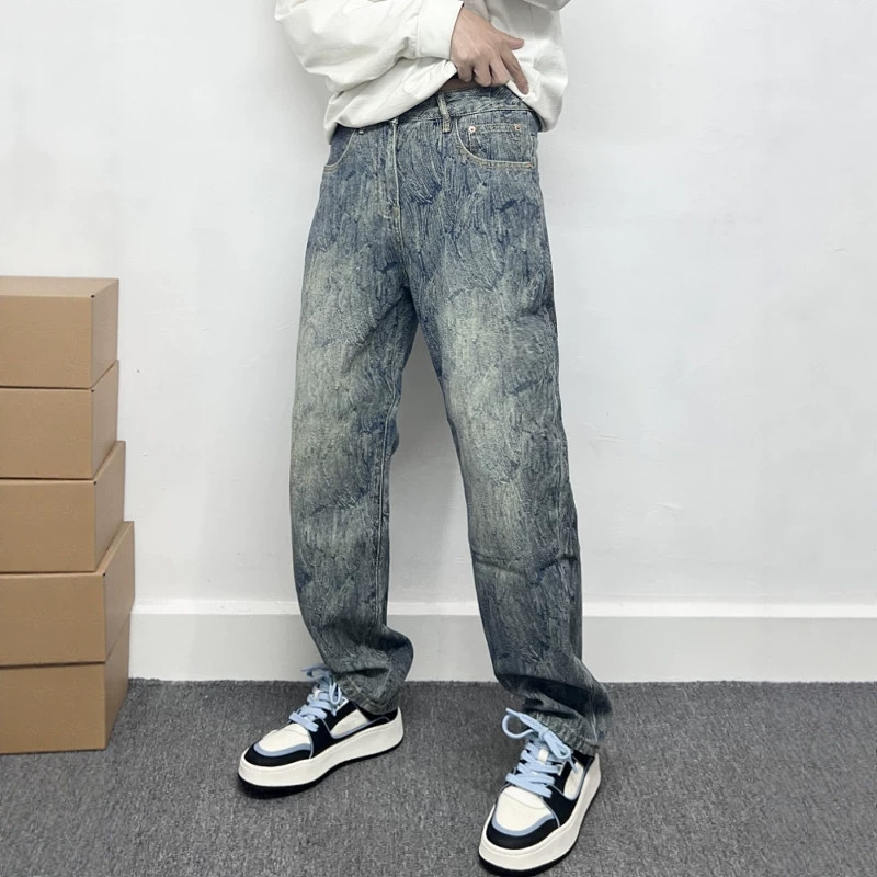 美式高端提花牛仔裤男春夏新款做旧高街潮流复古休闲宽松直筒长裤