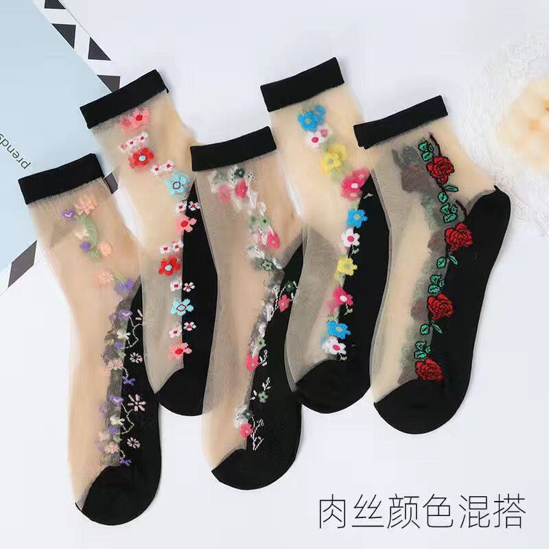 袜子女玻璃冰丝中筒夏季薄款水晶提花丝袜耐磨防勾丝四季棉底丝袜