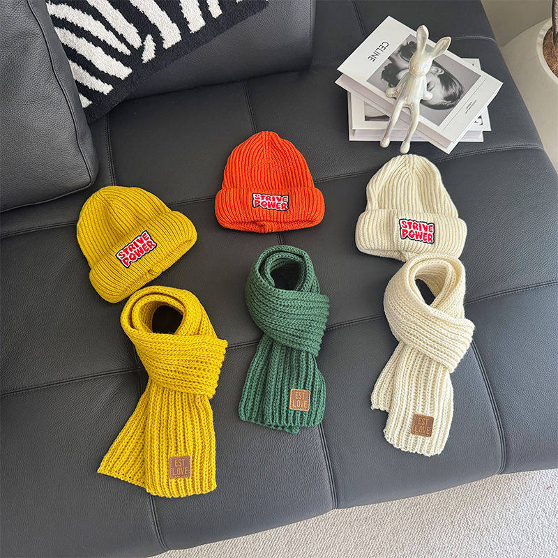 韩版儿童毛线帽围巾针织保暖男童女童套装刺绣字母套头帽可爱时尚