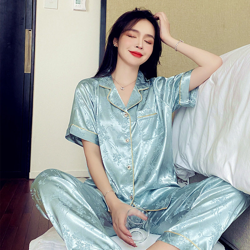 冰丝仿真丝夏季女短袖长裤家居服