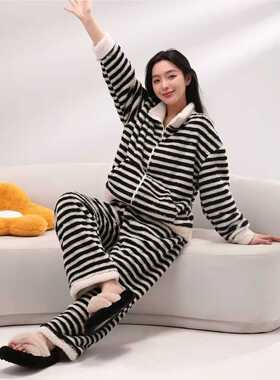 条纹睡衣女秋冬季珊瑚绒加厚保暖